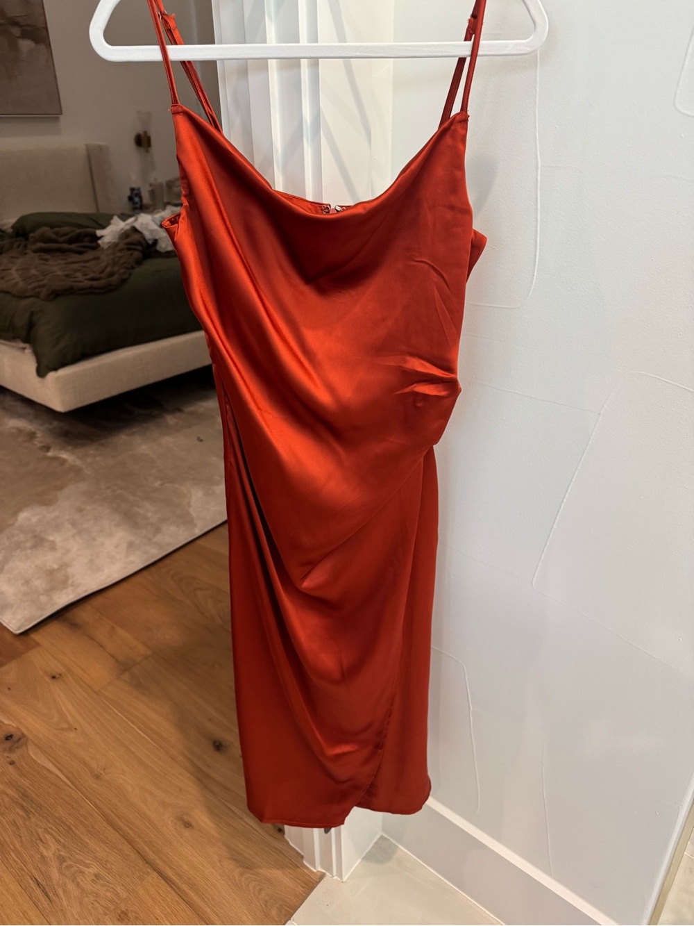 Satin Slip Midi Dress in Rich Rust